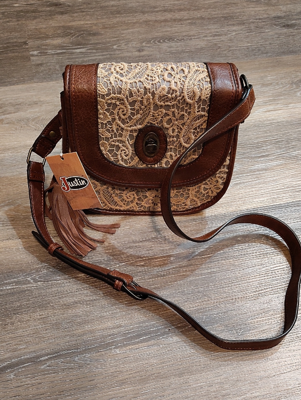 Justin Boots Tan Lace & Brown Leather Crossbody Bag with Tassel